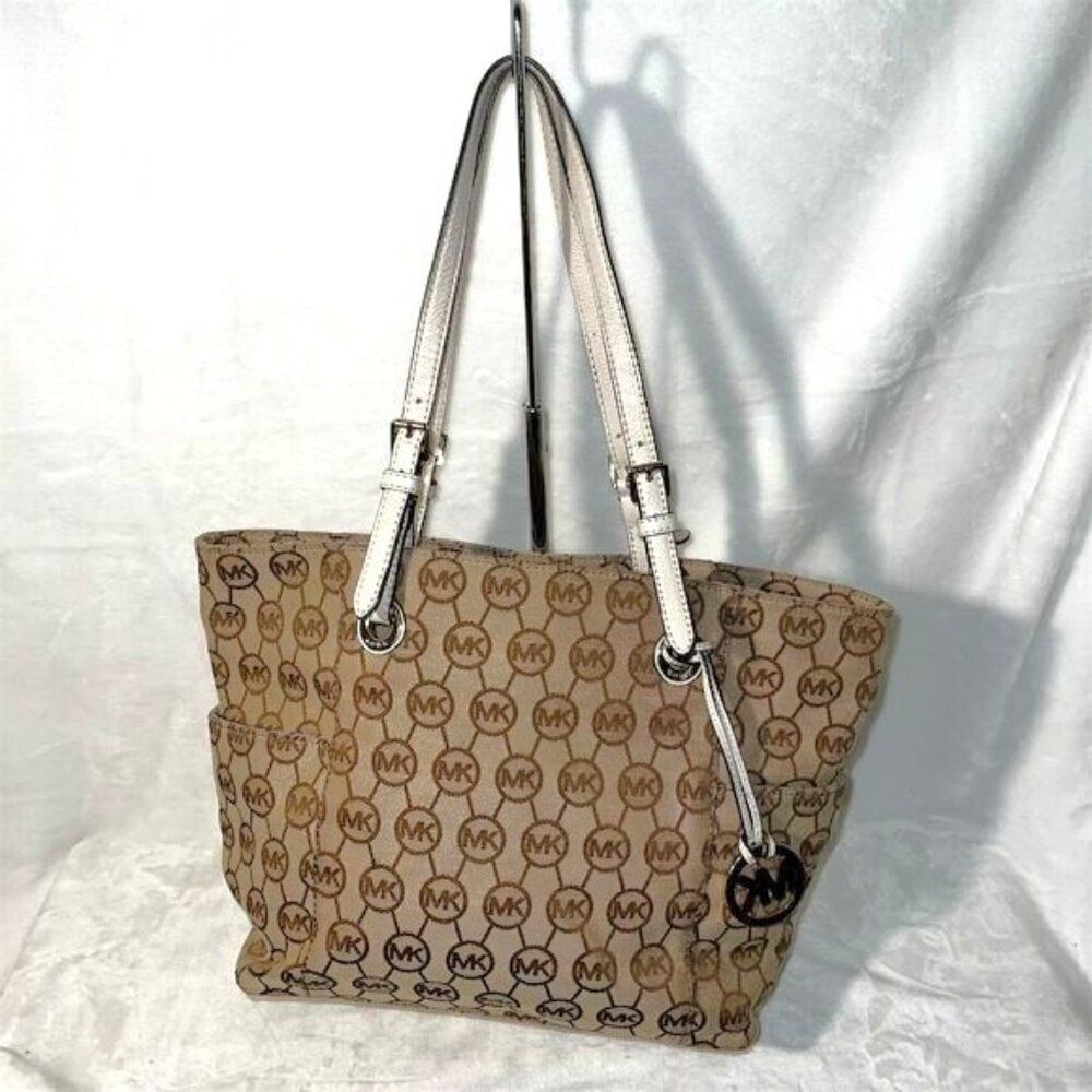 Michael Kors Women's Jet Set Tote Bag Tan Signature MK Logo